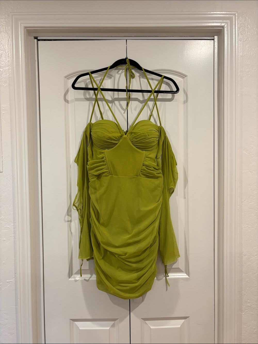 Oh Polly Olive Green Ruched Off-Shoulder Mini Dress